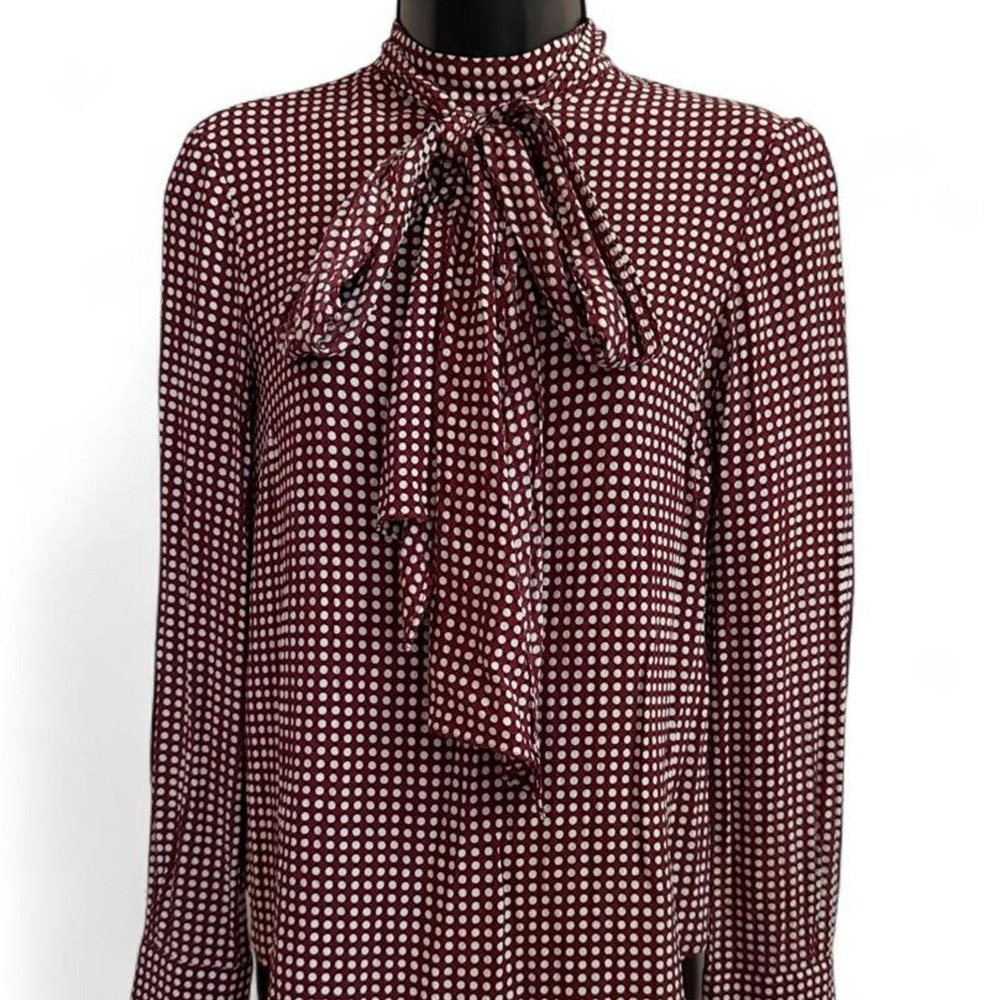 70s inspired white and brown polka dot blouse with tie back detail